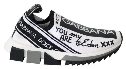White sneaker with black and white text