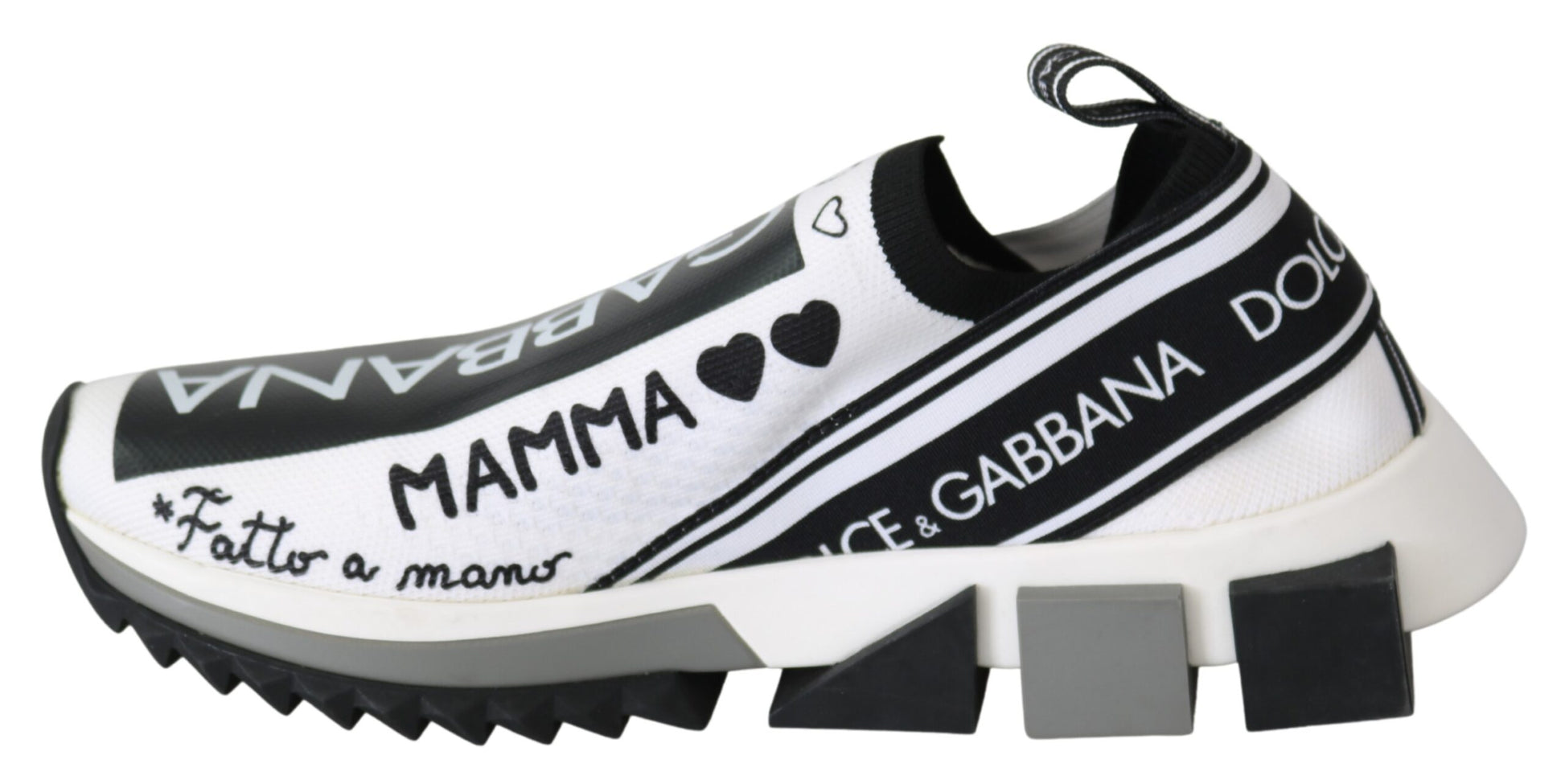White sneaker with black text and graphics
