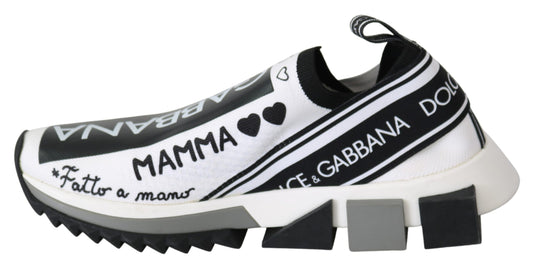 White sneaker with black text and graphics