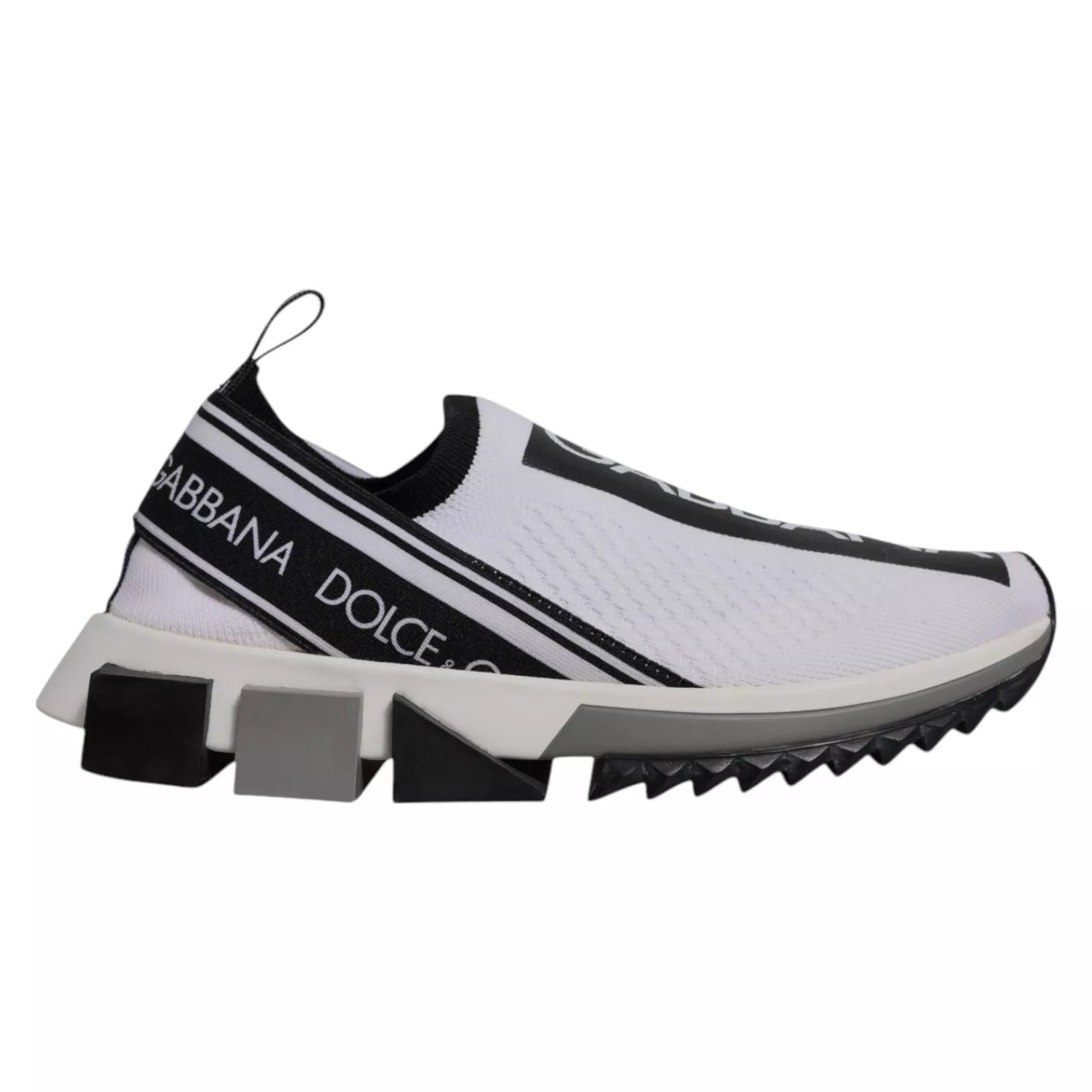 White sneaker with black stripes and logo on side