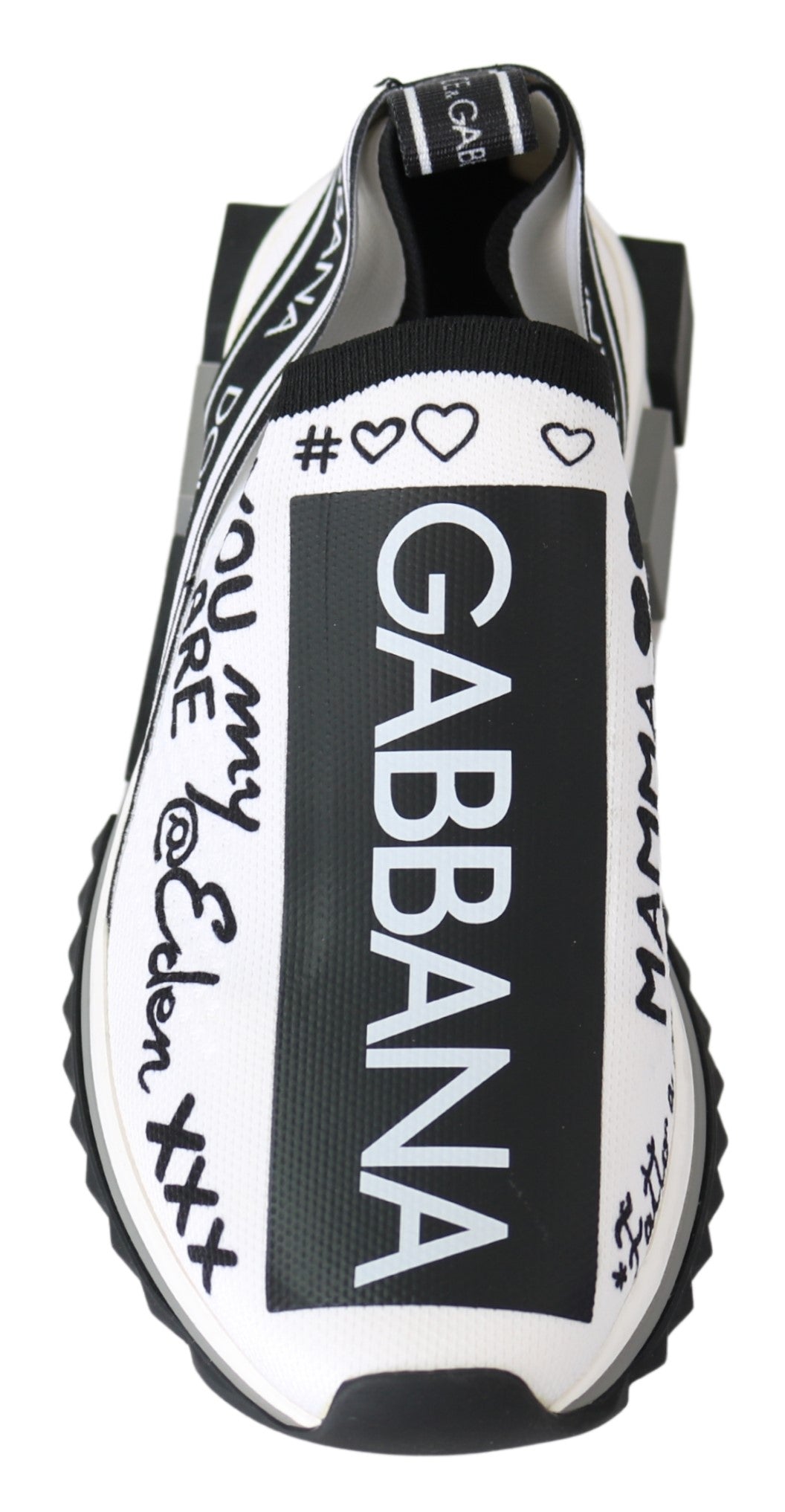 Black and white sneaker with handwritten signatures on side
