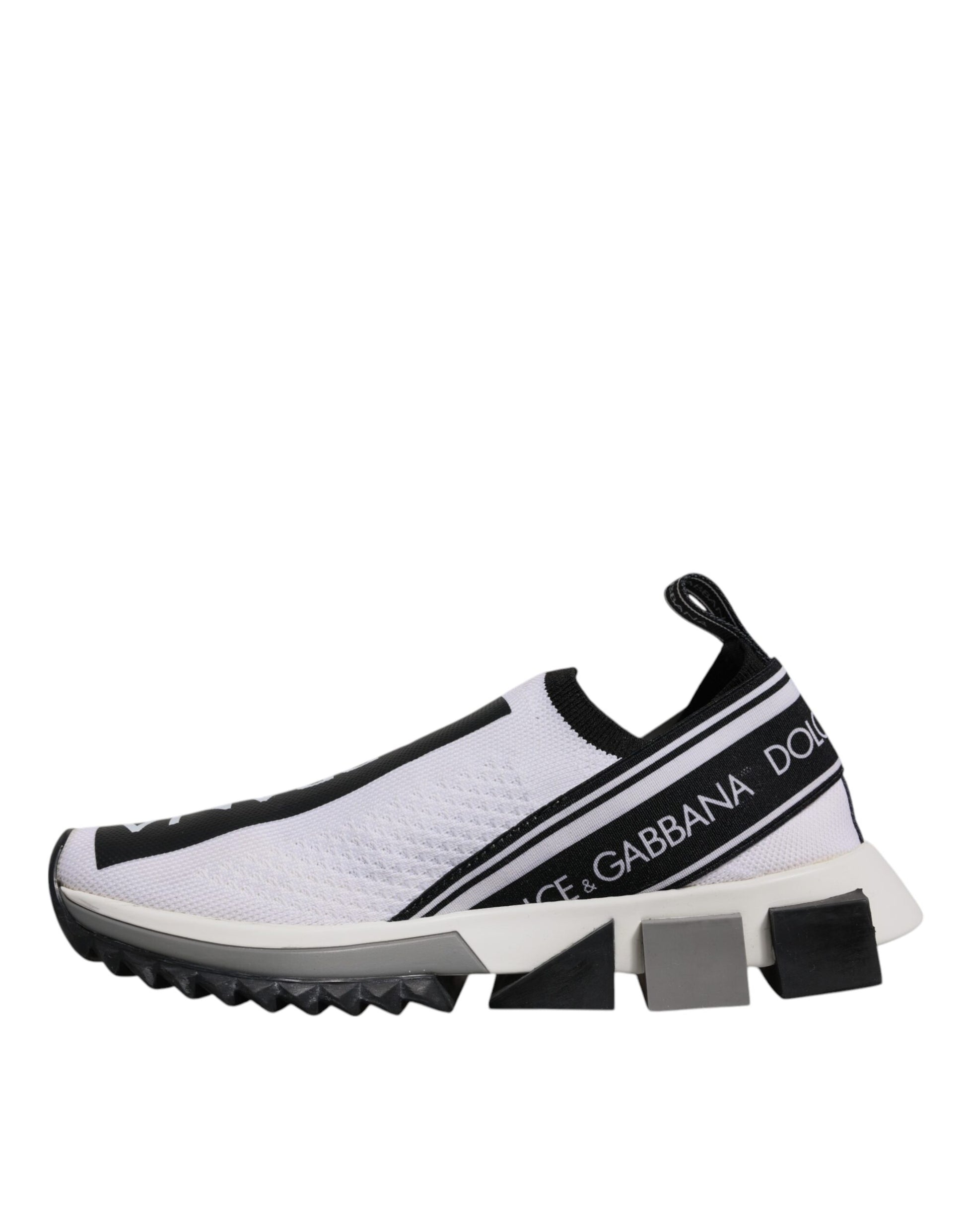 White sneaker with black stripes on side
