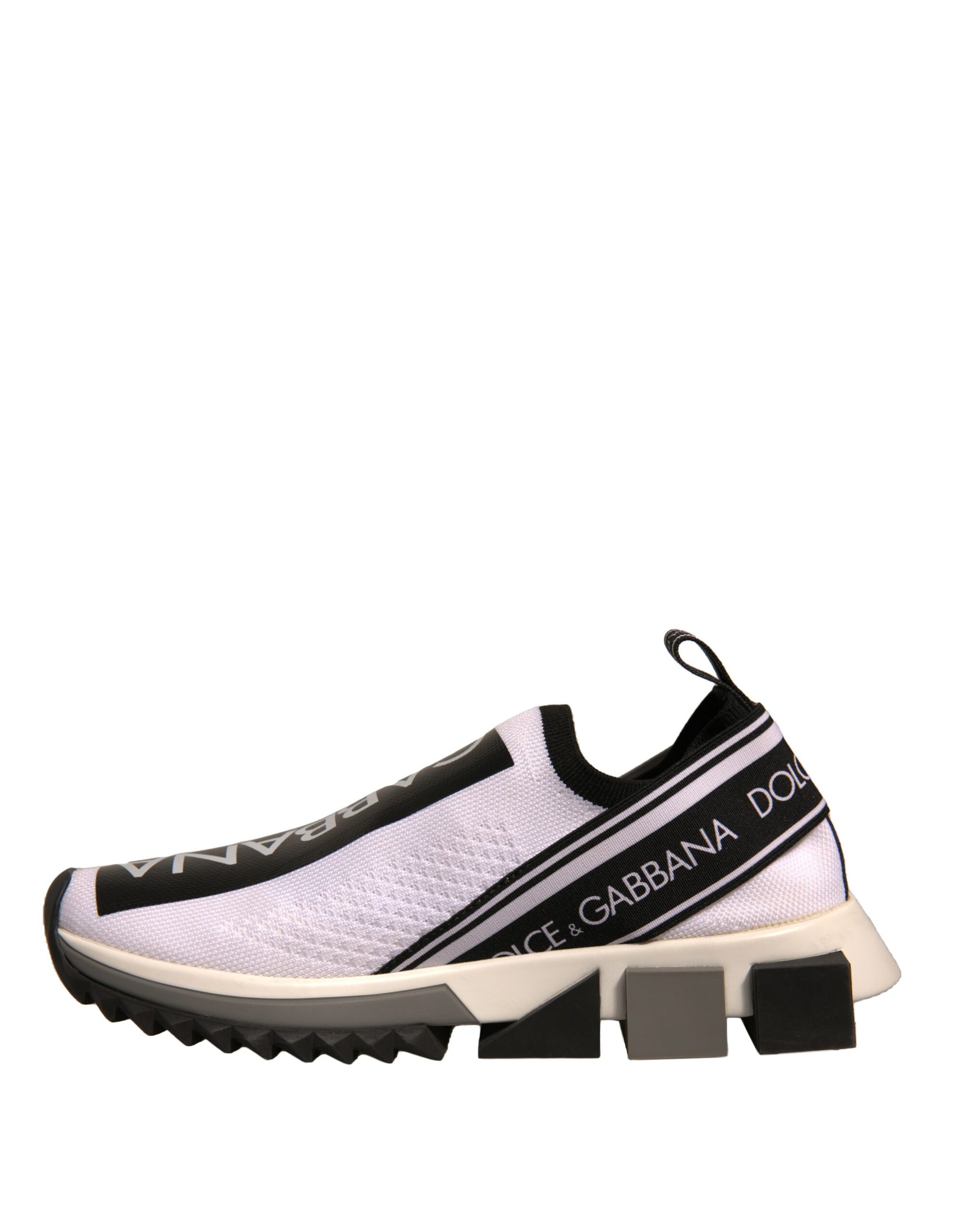 White sneaker with black stripes and logo on side
