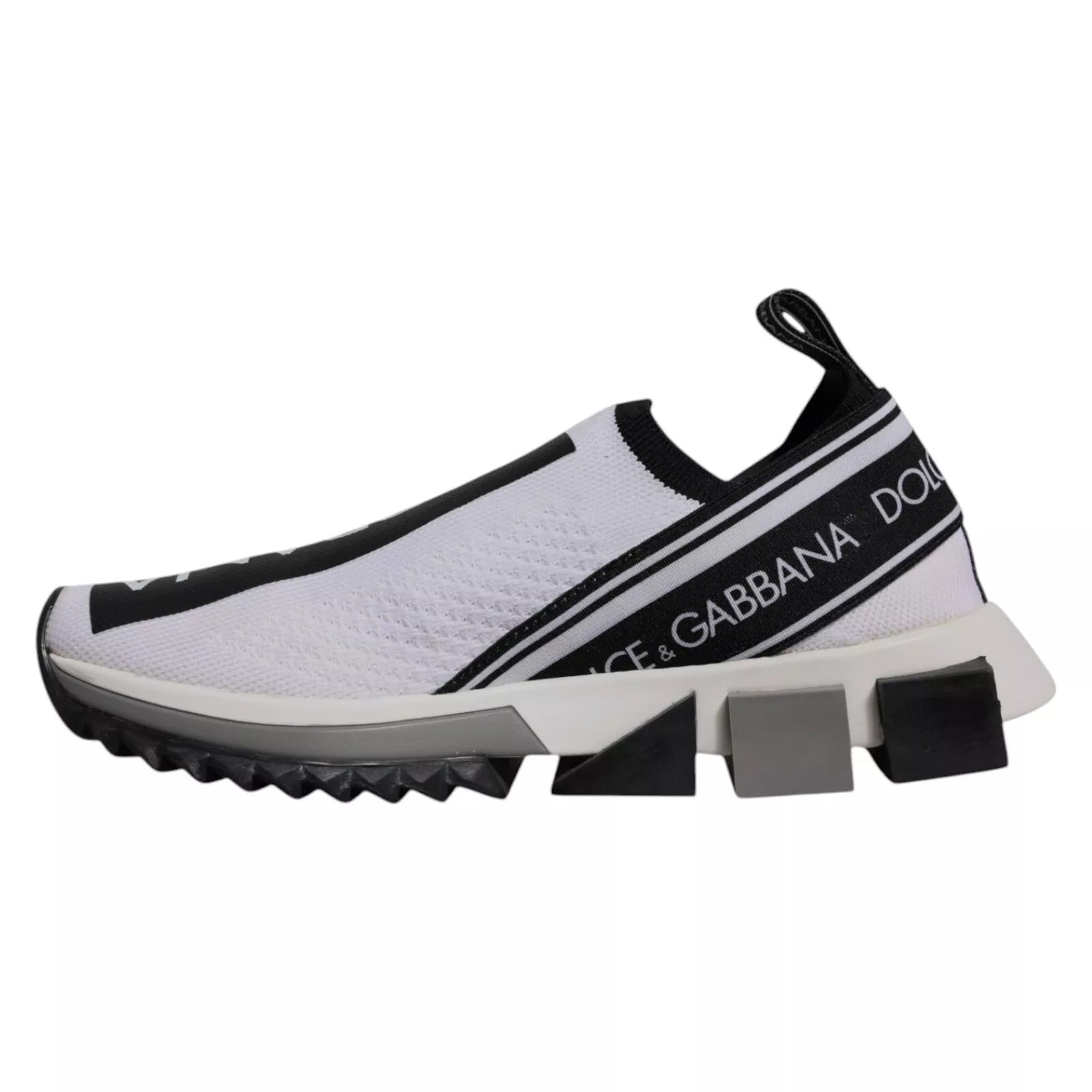 White sneaker with black stripe on side