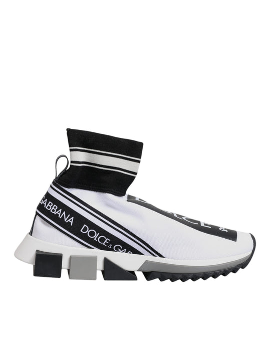 White sneaker with black stripe and logo on side
