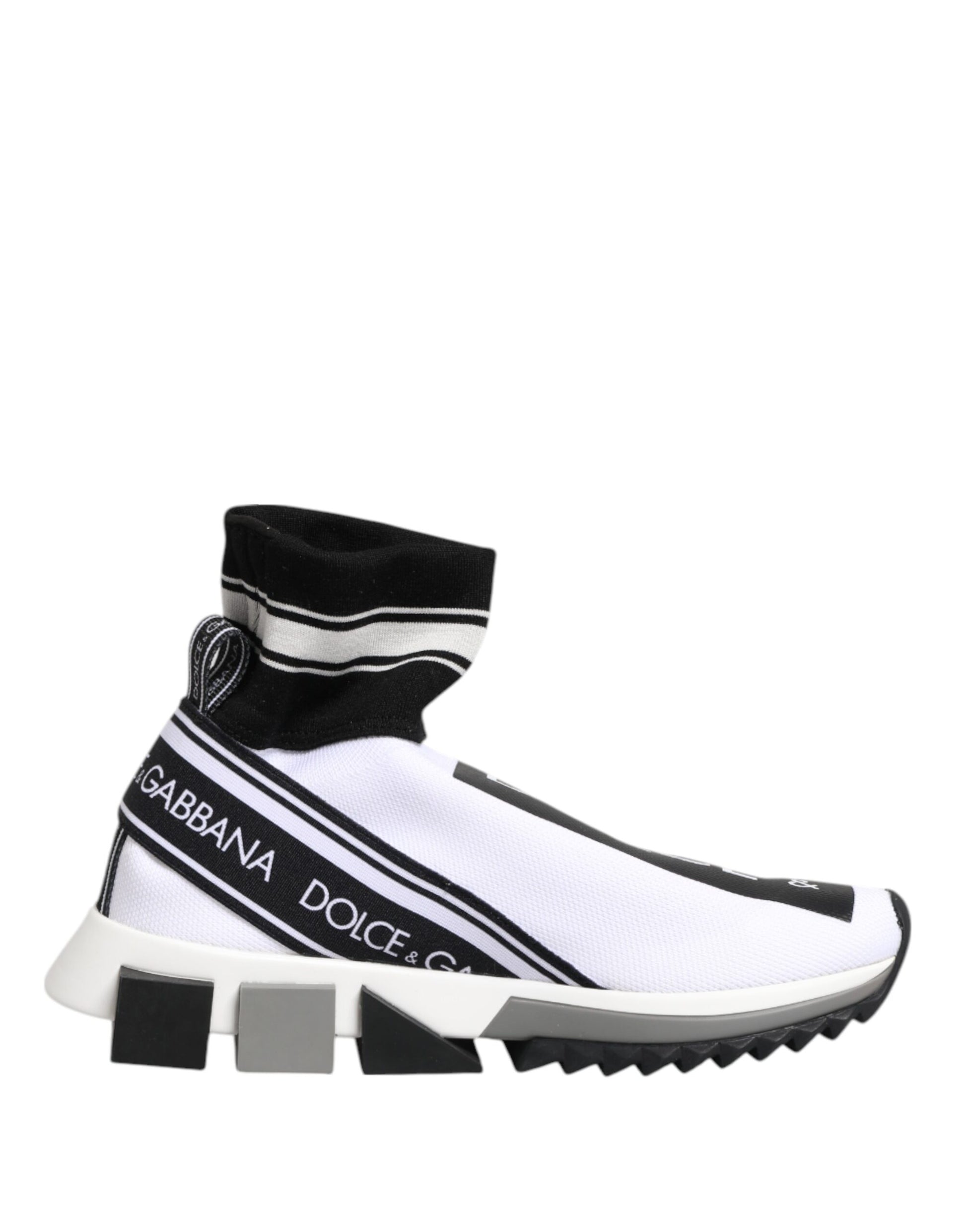 White sneaker with black stripe and brand logo on side