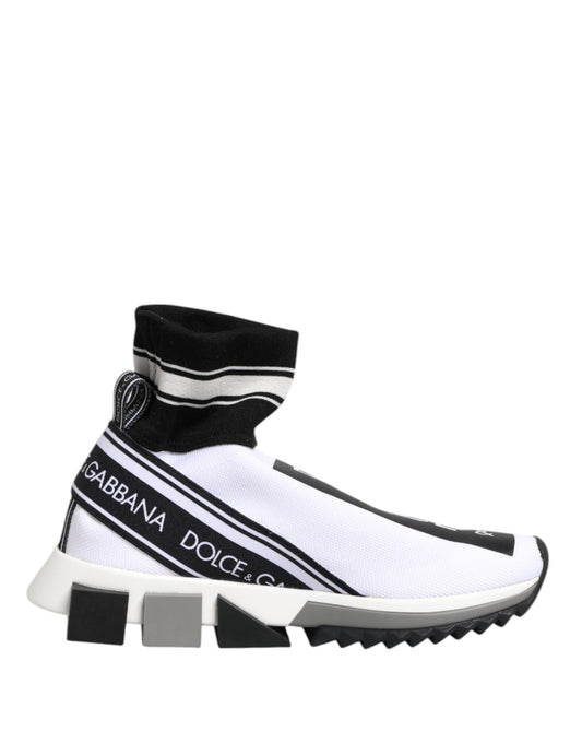 White sneaker with black stripe and brand logo on side
