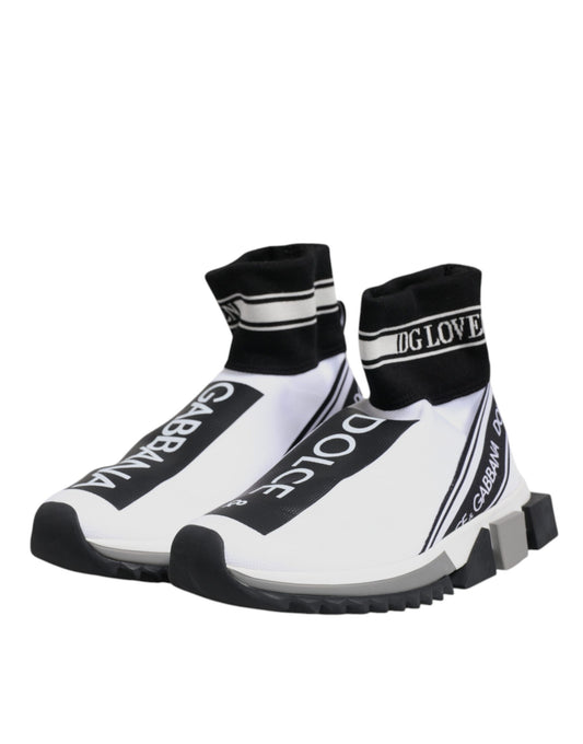 Pair of white sneakers with black accents and a logo on the side