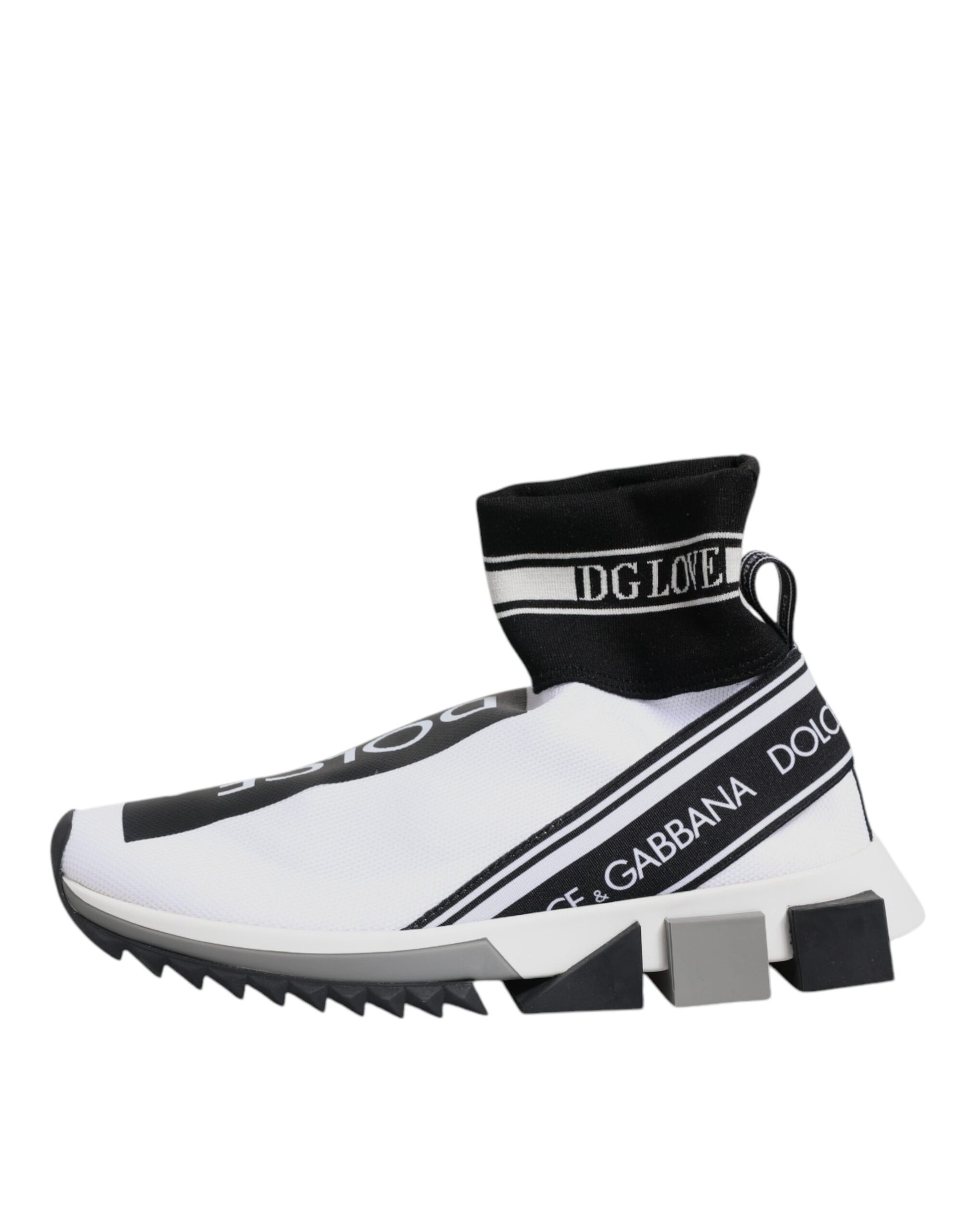 White sneaker with black stripes on sides