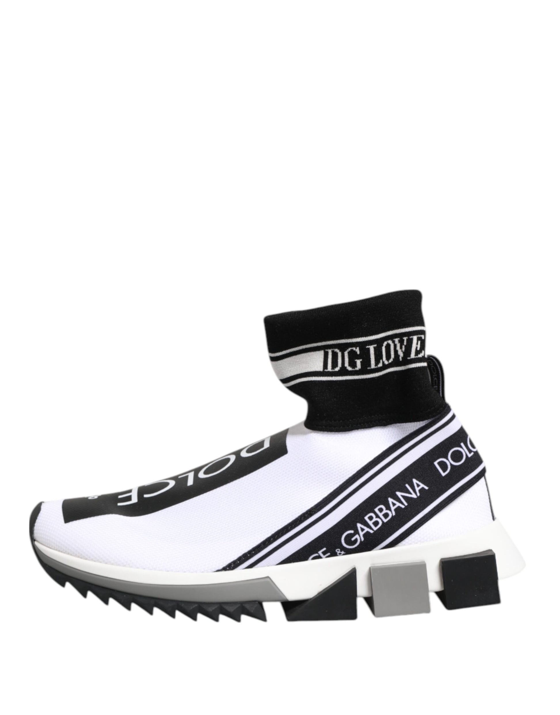 White sneaker with black stripes and a logo on the side