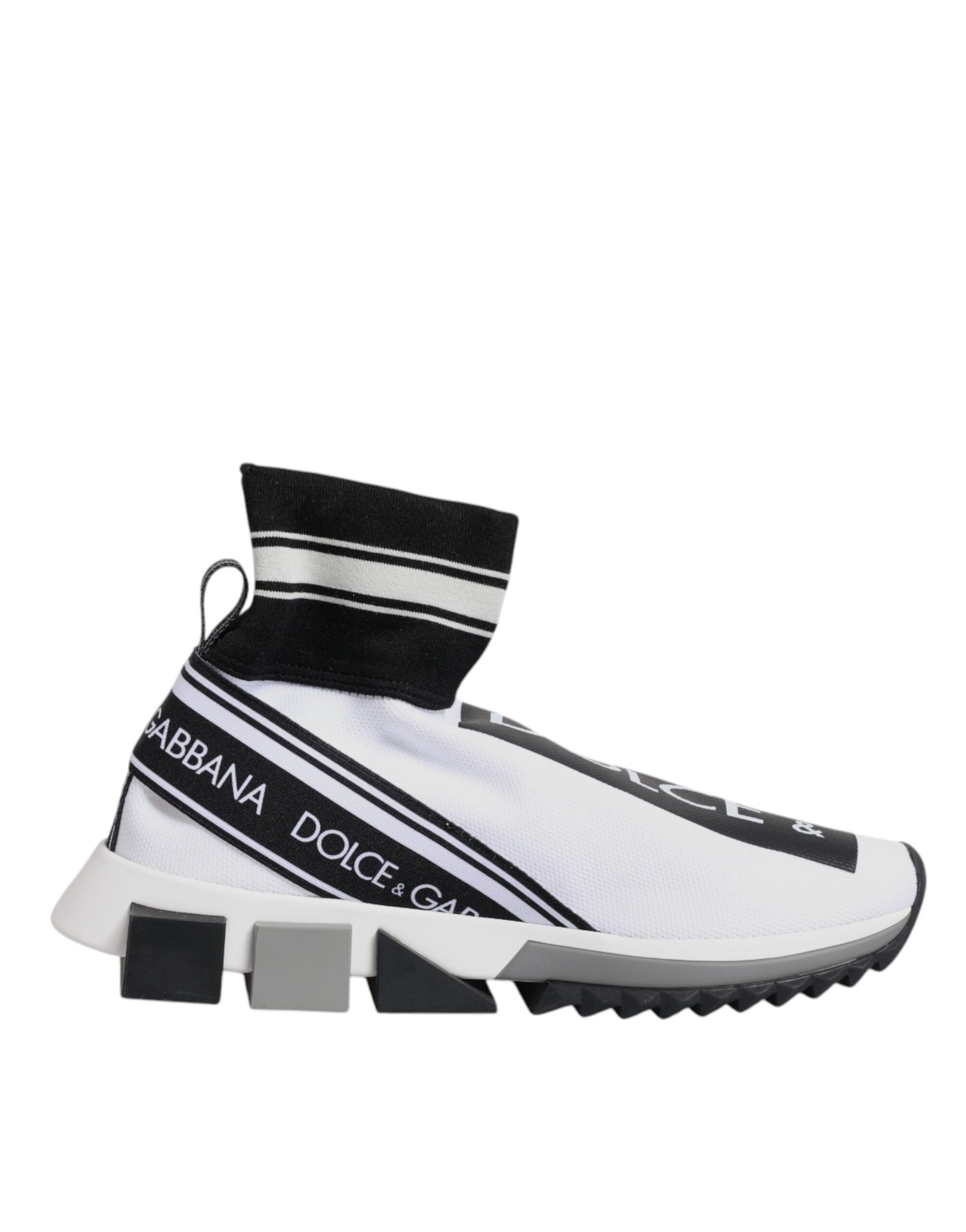 White sneaker with black stripe and logo on side