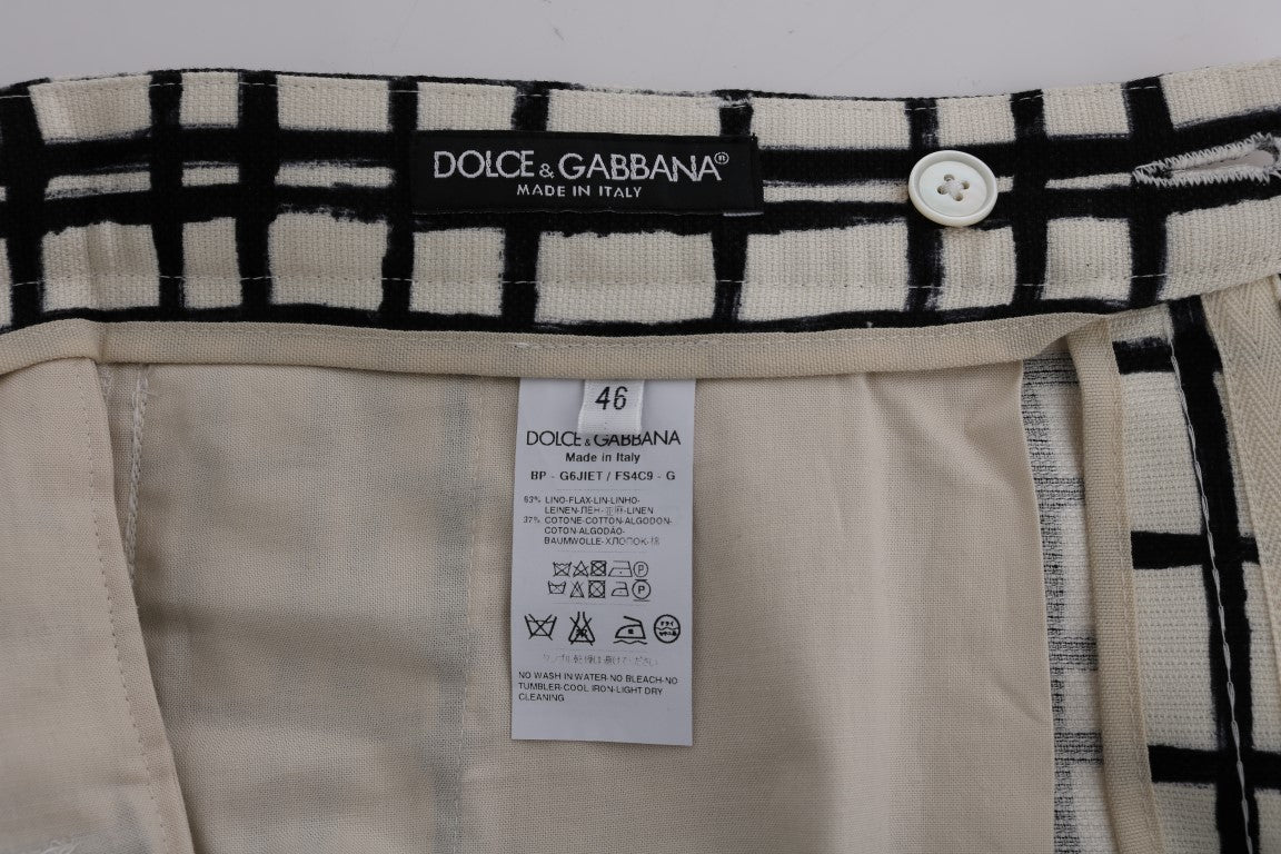 Tan pants with black plaid pattern on waistband