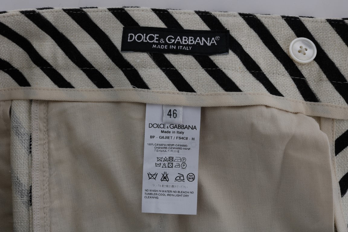 White and black striped garment tag on a beige fabric item