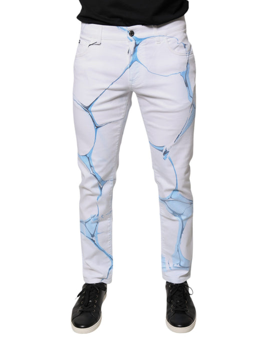 White jeans with blue cracked ice design