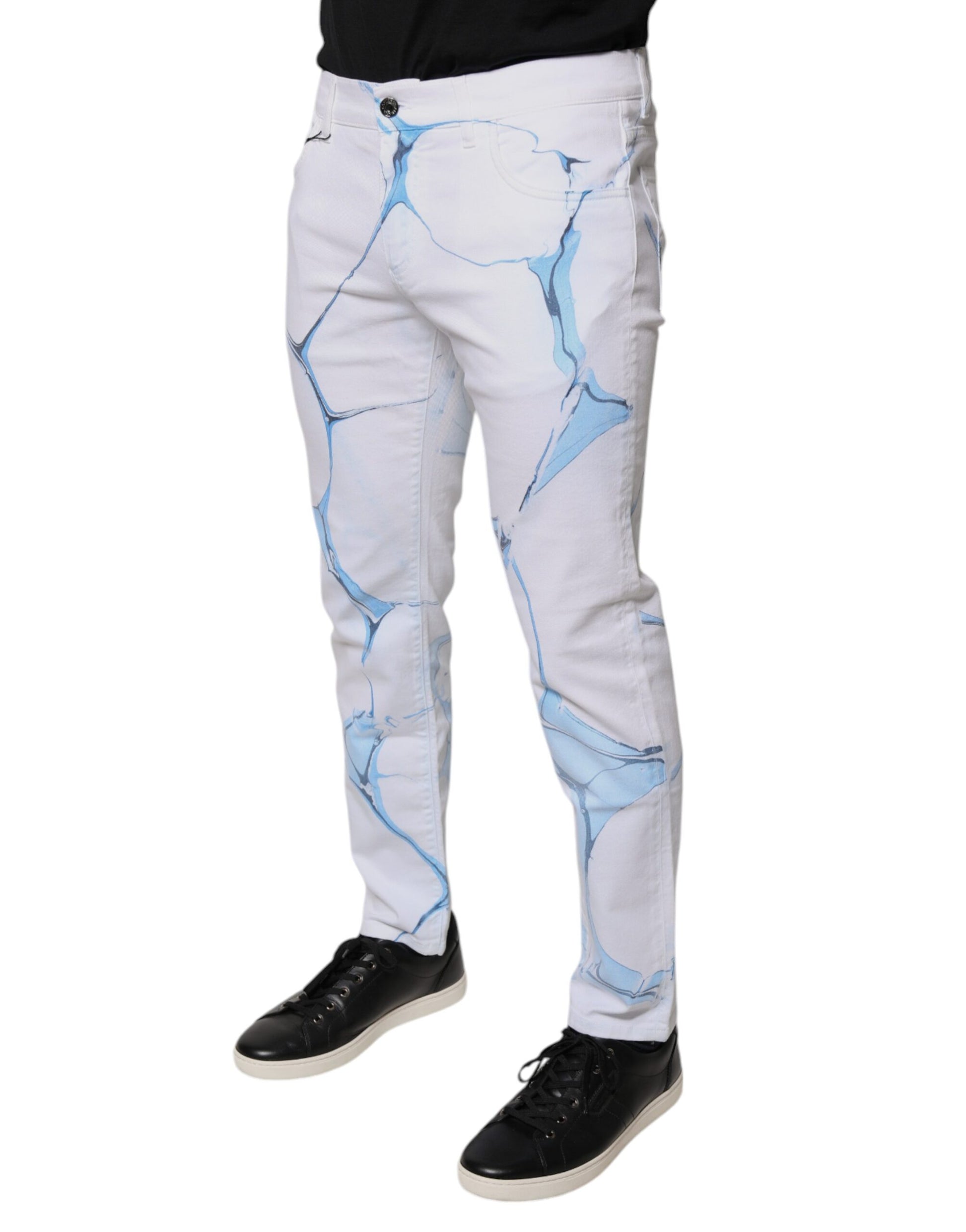 White pants with blue cracked ice design