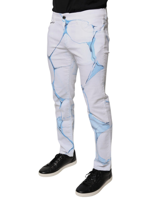 White pants with blue cracked ice design