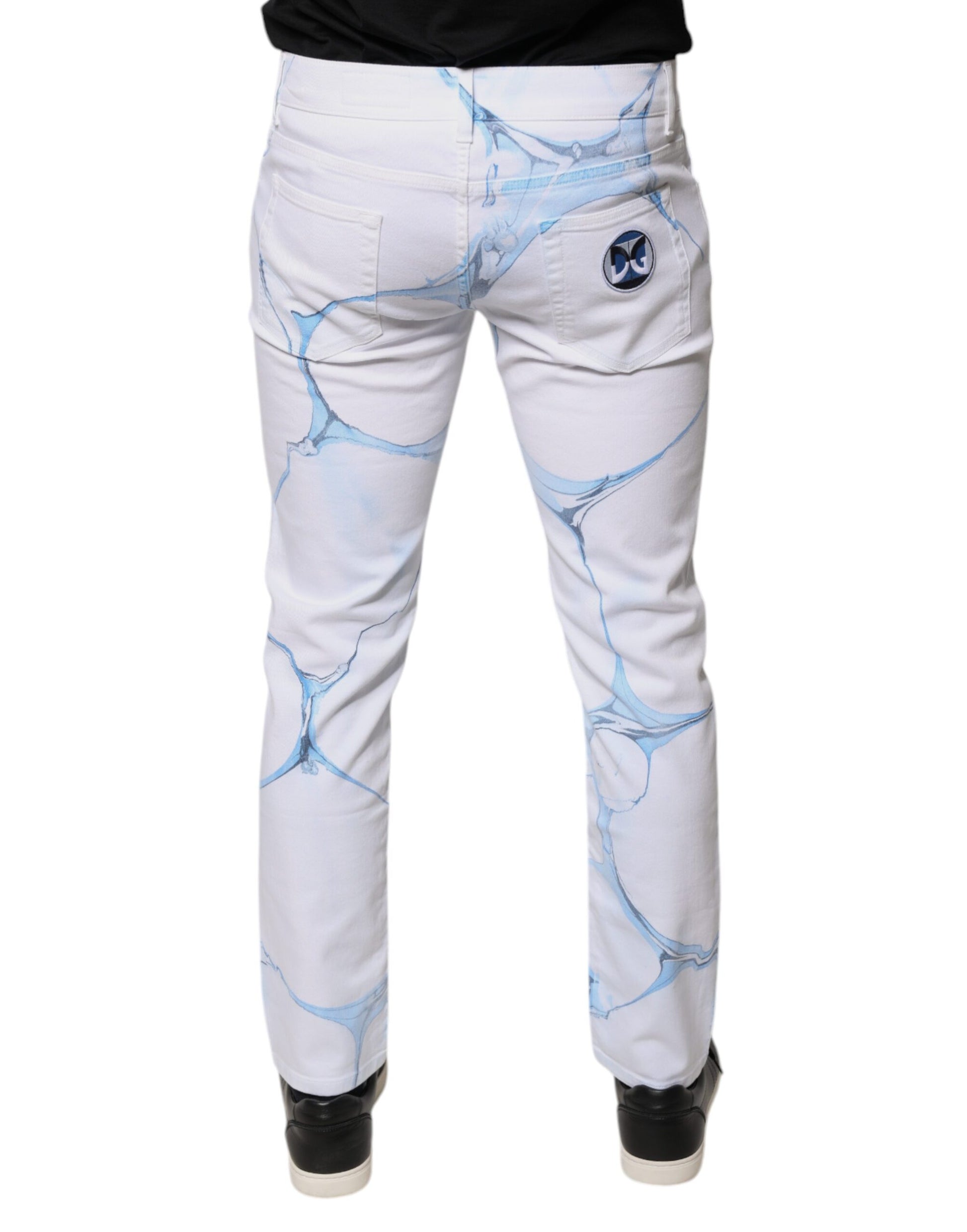 White jeans with blue cracked glass design