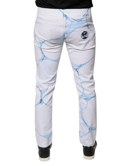 White jeans with blue cracked glass design