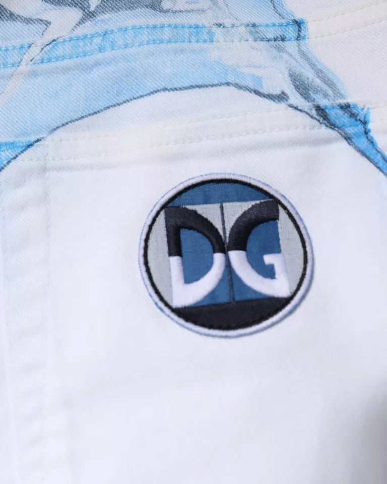 White shorts with blue logo on left leg