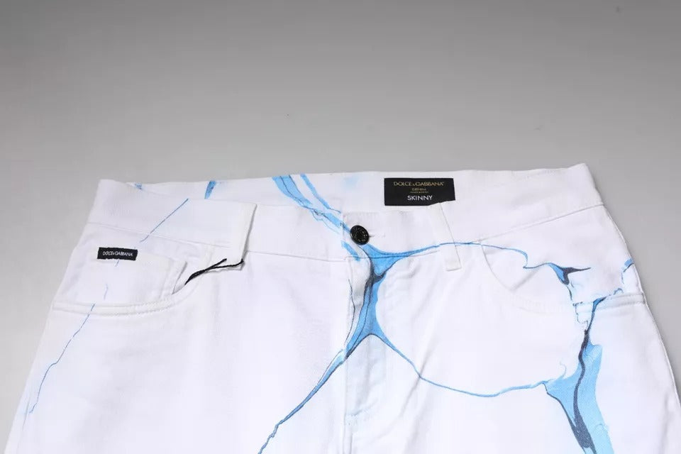 White jeans with blue cracked glass design