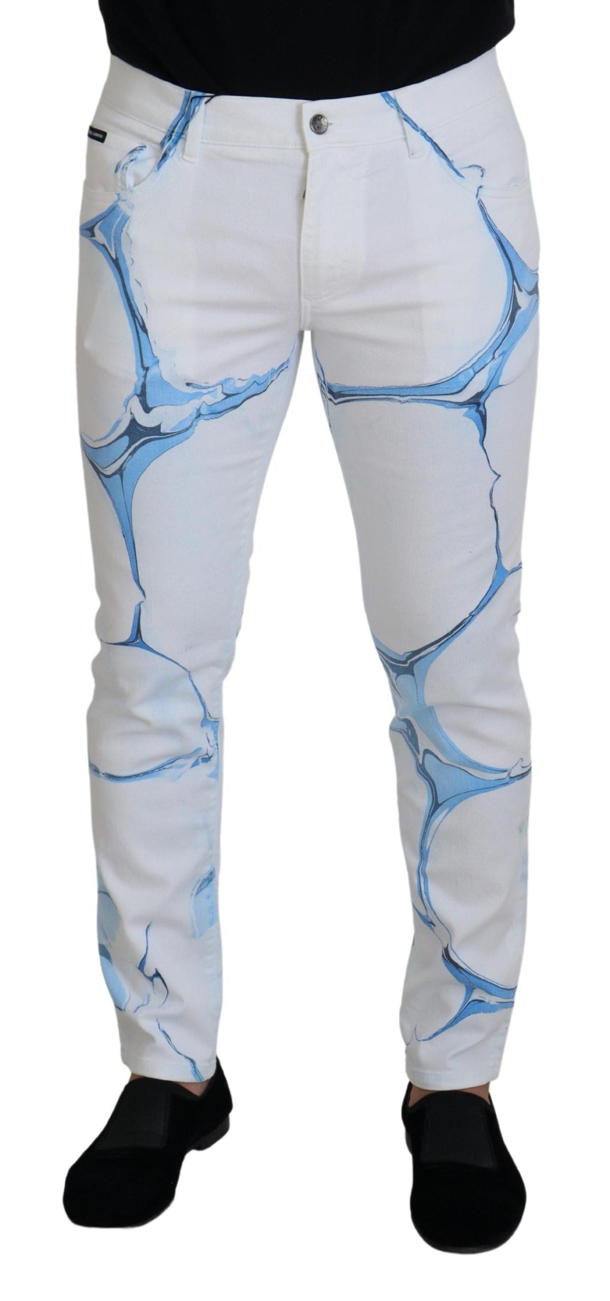 White pants with blue cracked glass design