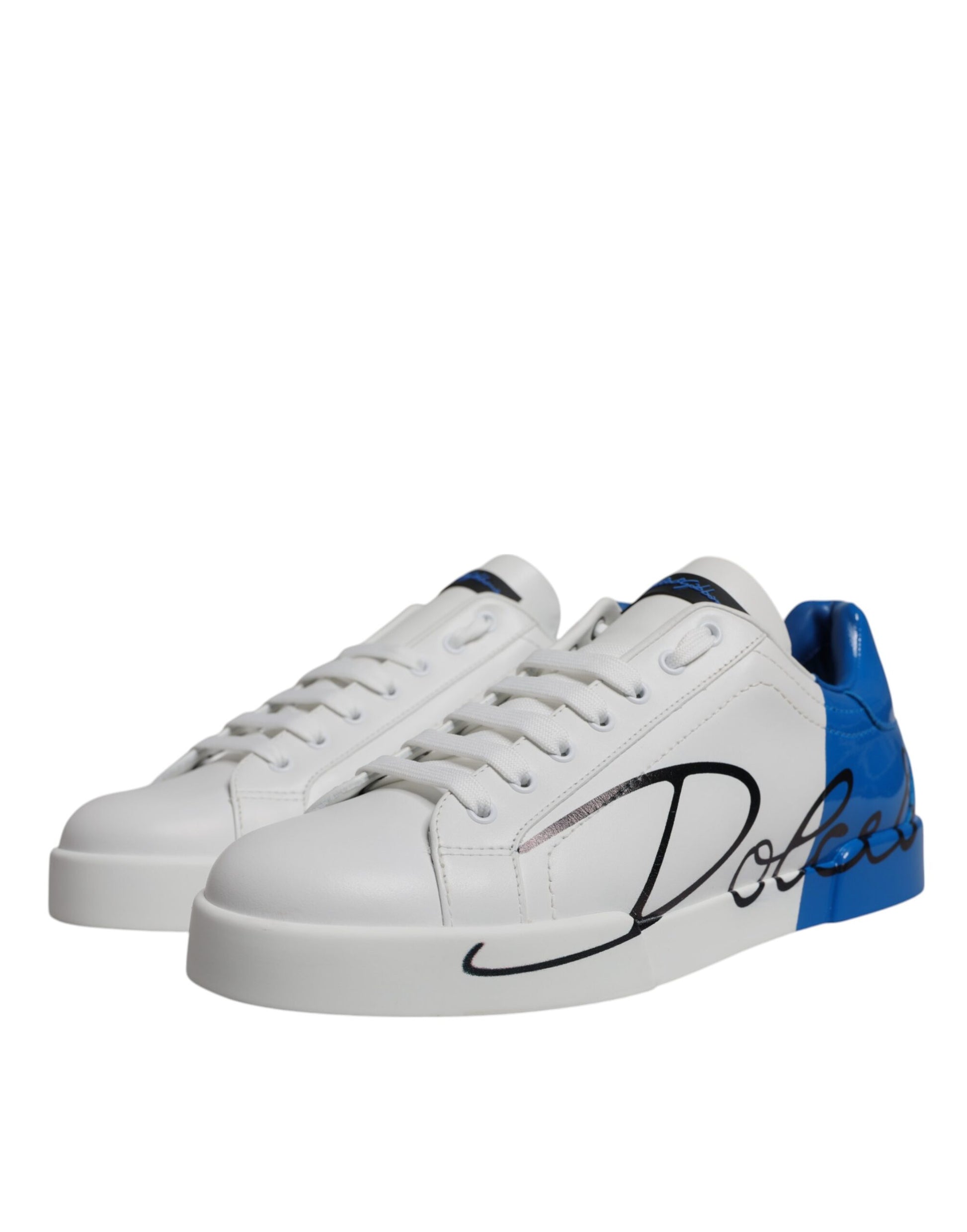 Pair of white blue leather sneakers with logo on side, low top, laces up front