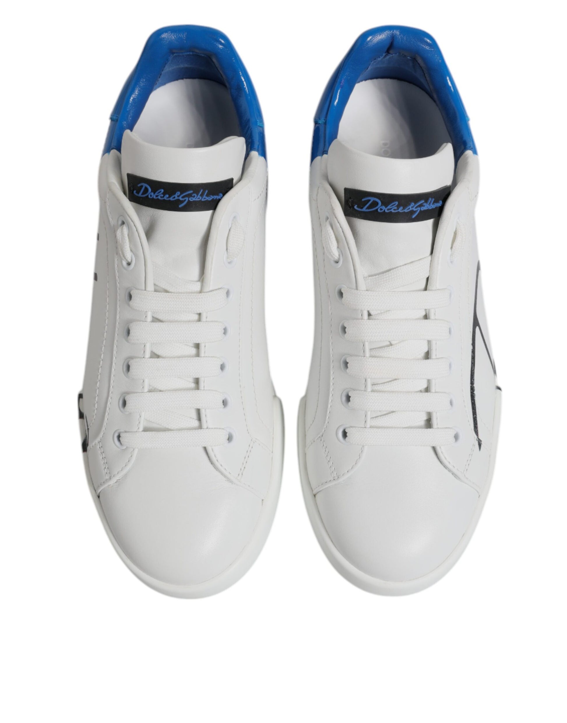 Pair of white and blue leather sneakers with logo on side, laces, and rubber sole