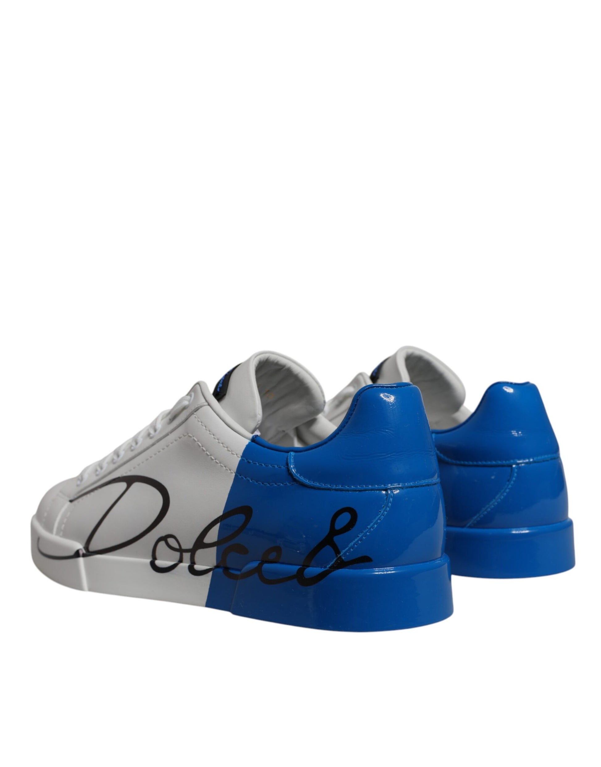Pair of blue and white leather sneakers with black logo text