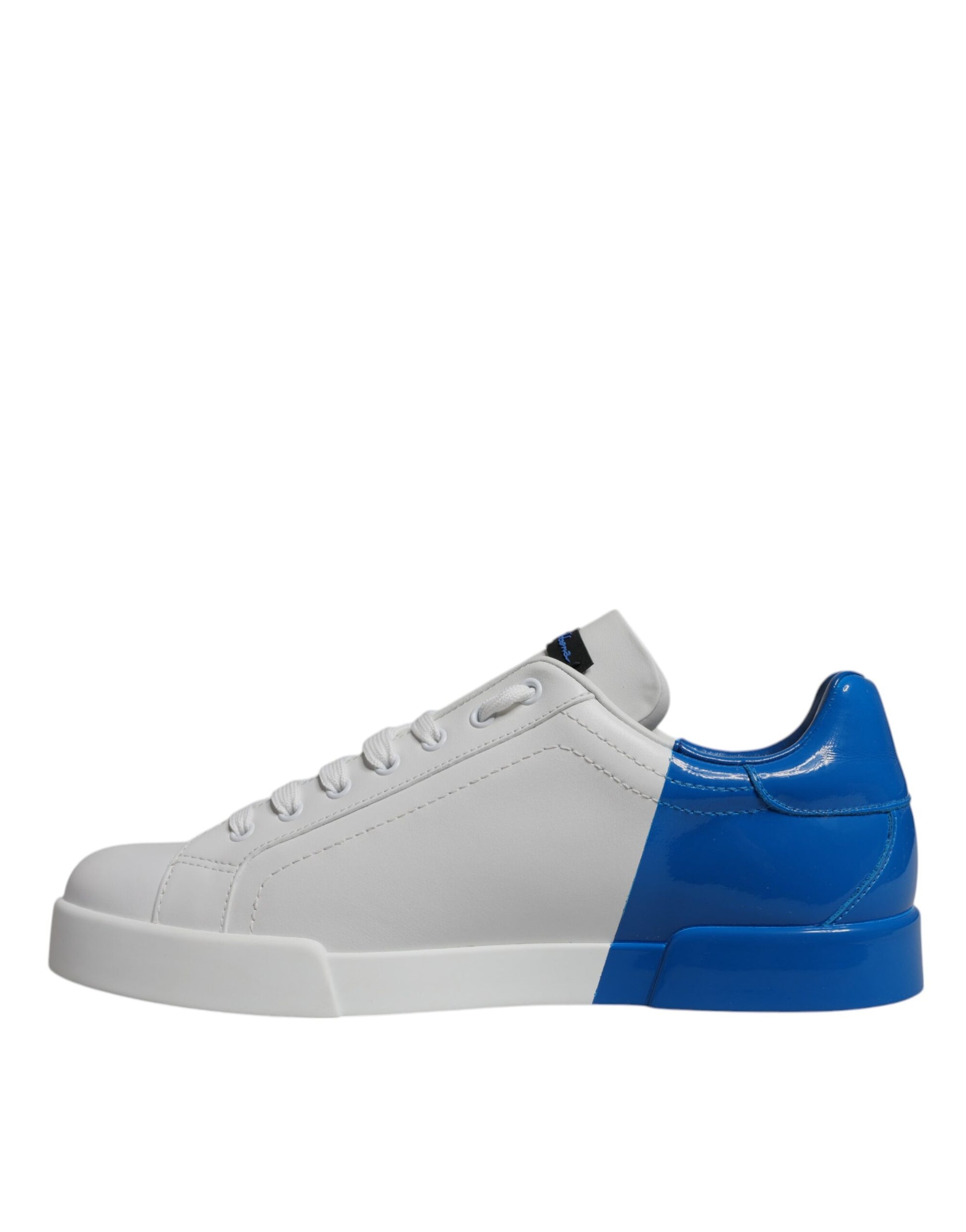 A pair of white and blue leather sneakers with a logo on the side