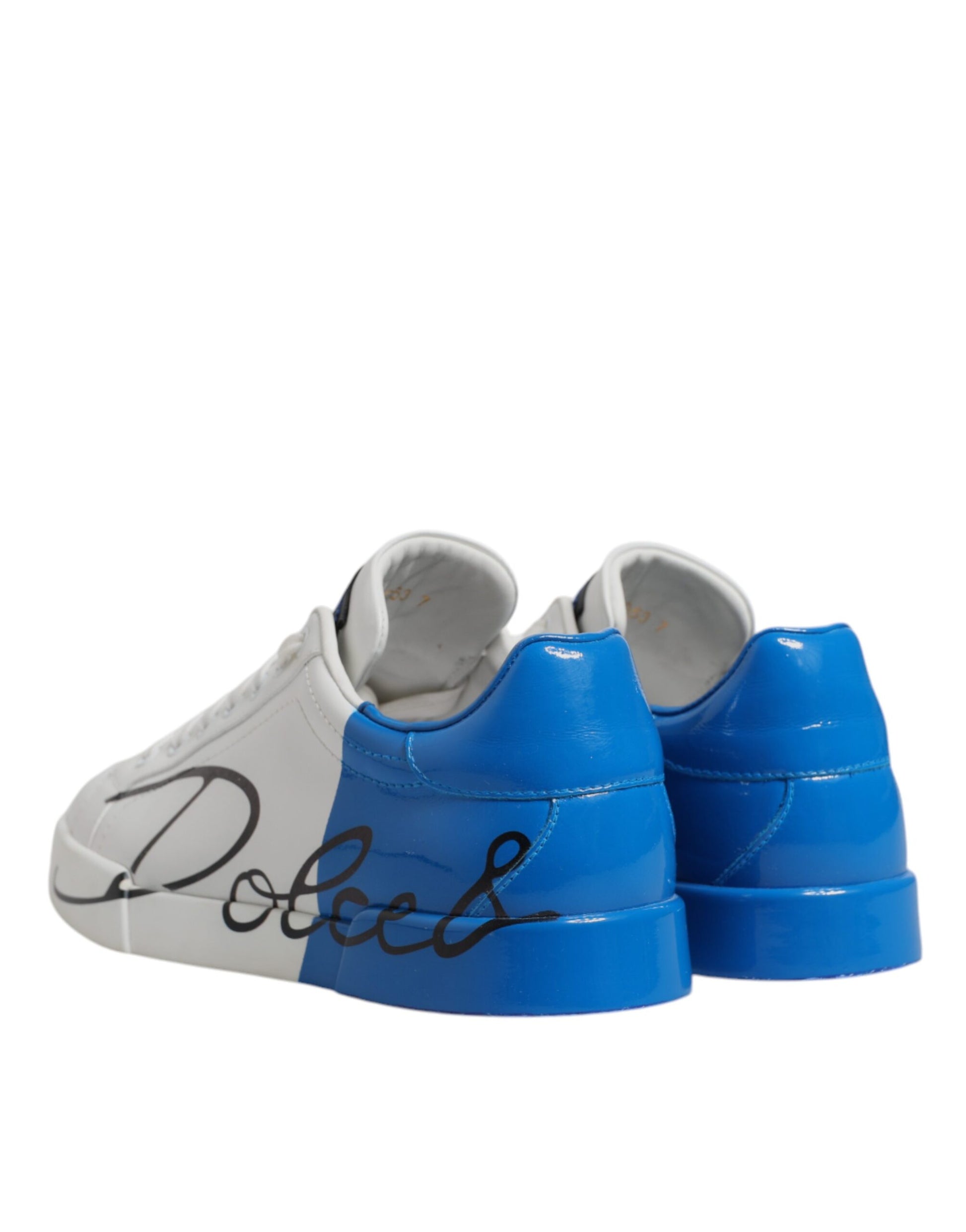 Pair of blue and white leather sneakers with logo on side