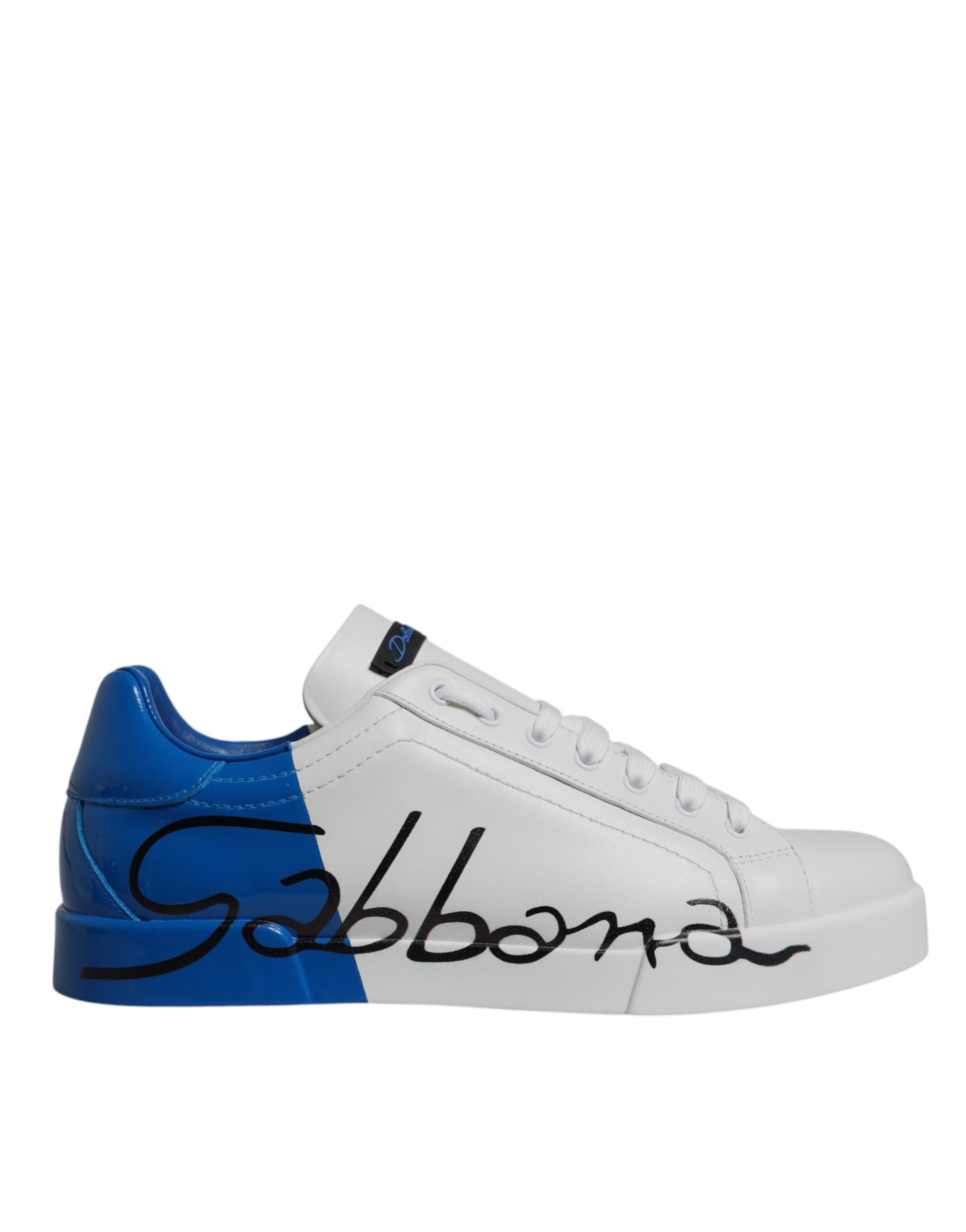 A pair of white blue leather logo low top sneakers shoes with a handwritten style text