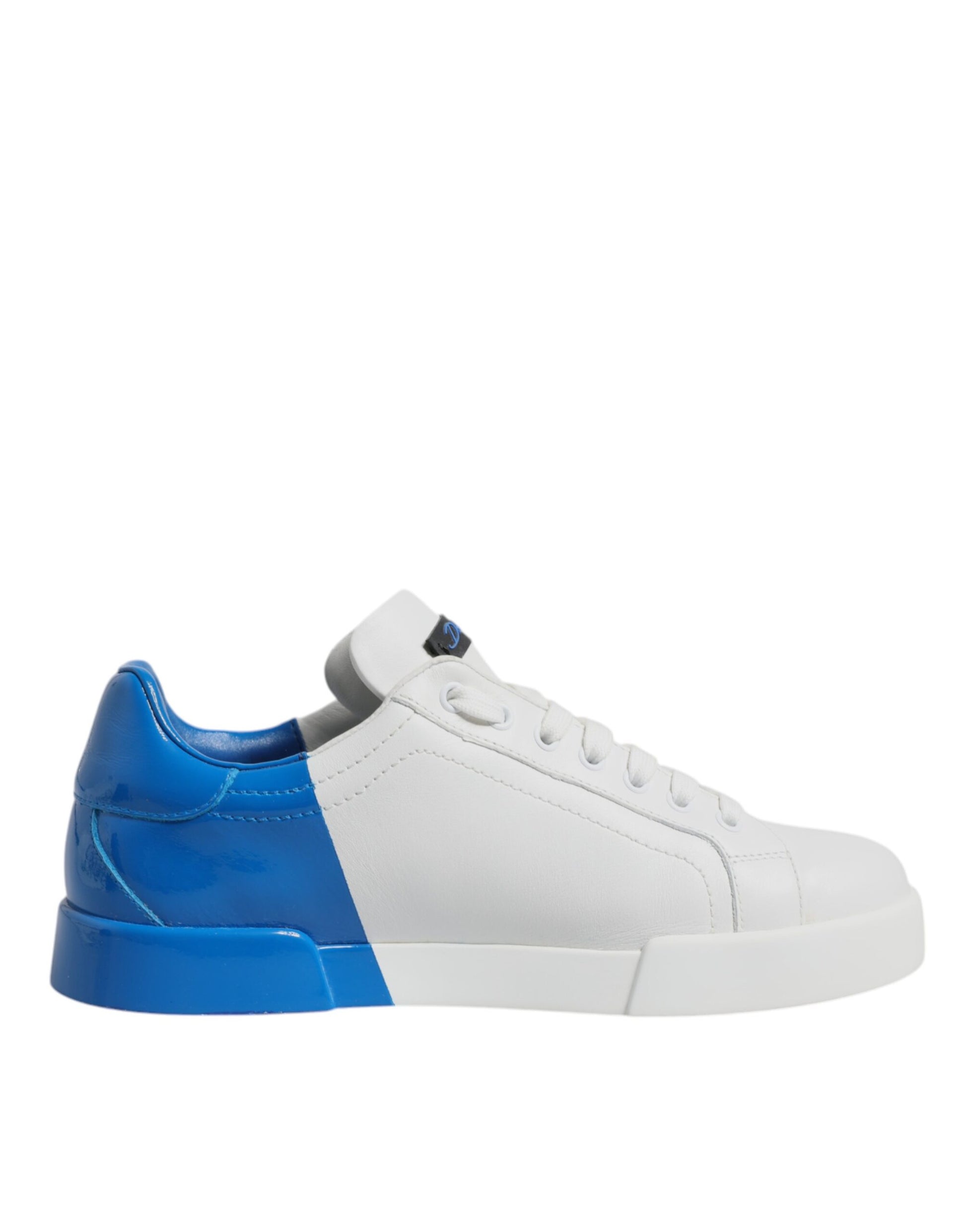 A pair of white blue leather logo low top sneakers shoes