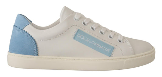 Blue and white sneaker with a logo on the side