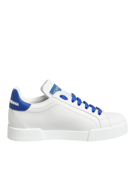 White sneaker with blue laces and sole