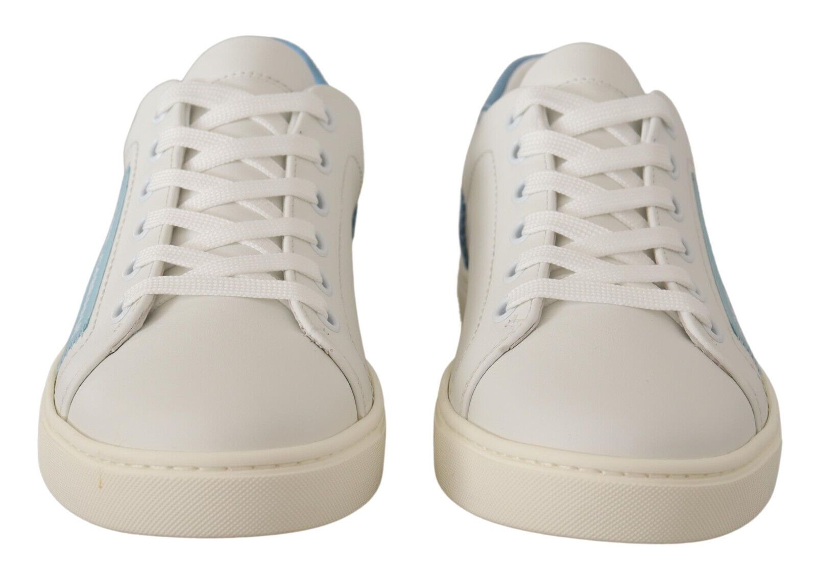 Pair of white sneakers with blue laces and soles