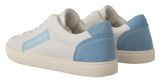 Pair of white sneakers with blue accents and a logo on the side