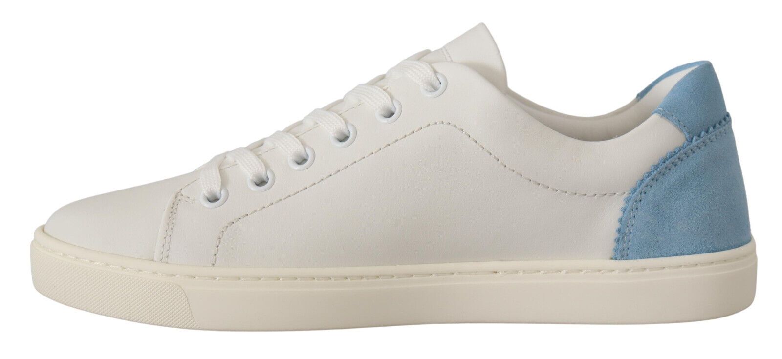 White sneaker with blue accents and white laces