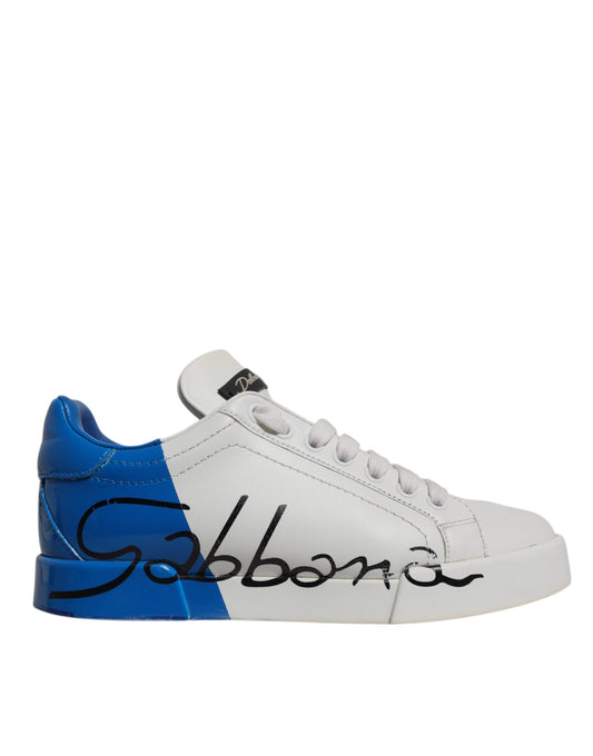 Blue and white sneakers with brand name on side