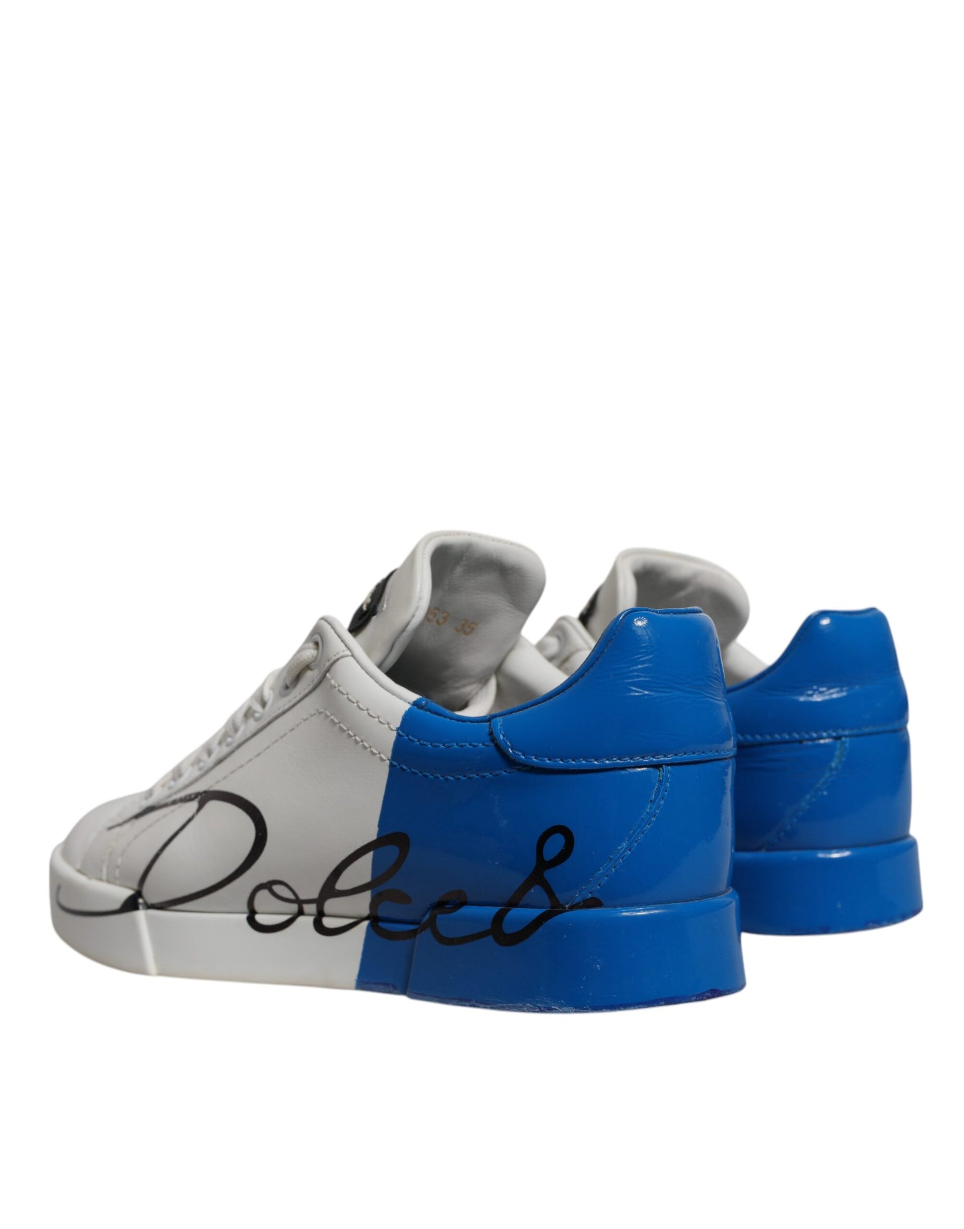 Blue and white sneakers with brand name on side