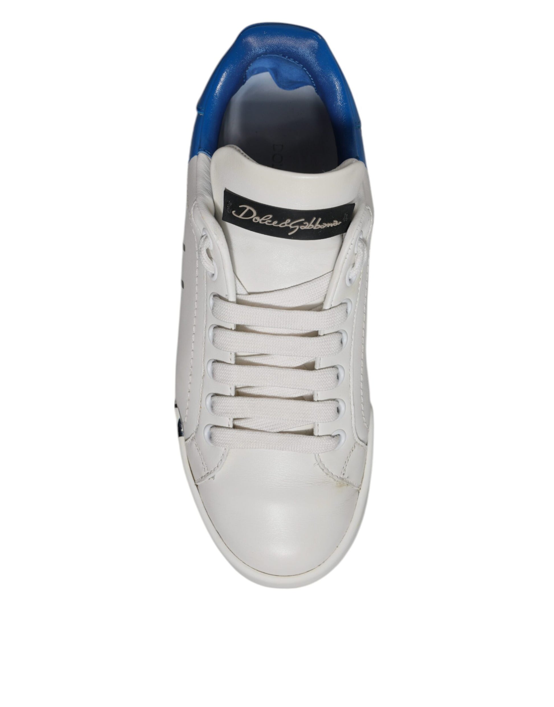 White sneaker with blue accents