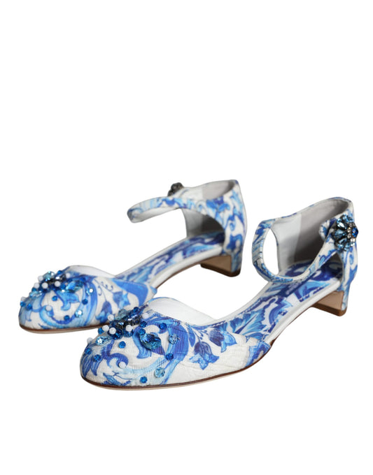 Blue floral print high heel shoes with rhinestones on toe