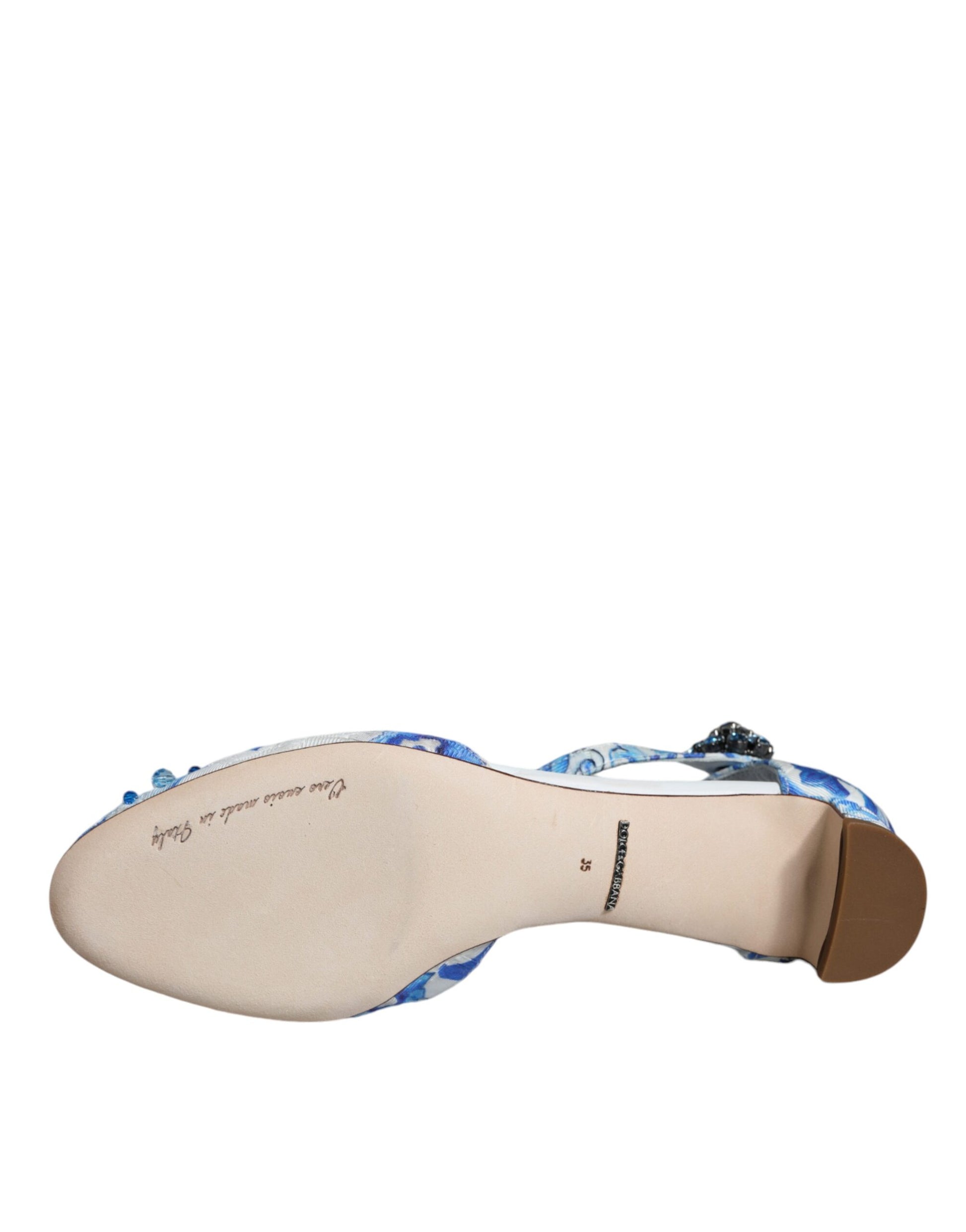 Tan shoe with blue pattern on sole