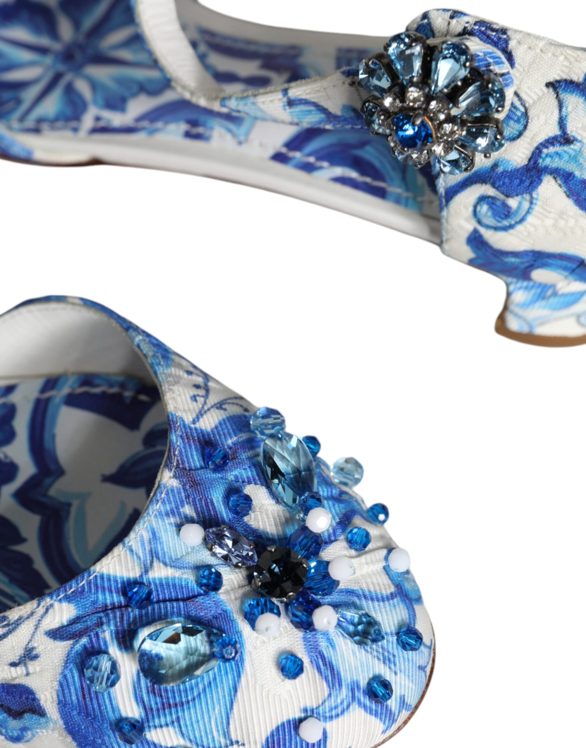 Blue and white patterned shoe with blue crystal embellishments