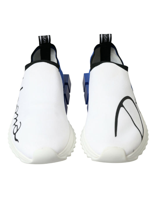 Pair of white sneakers with blue accents and black laces