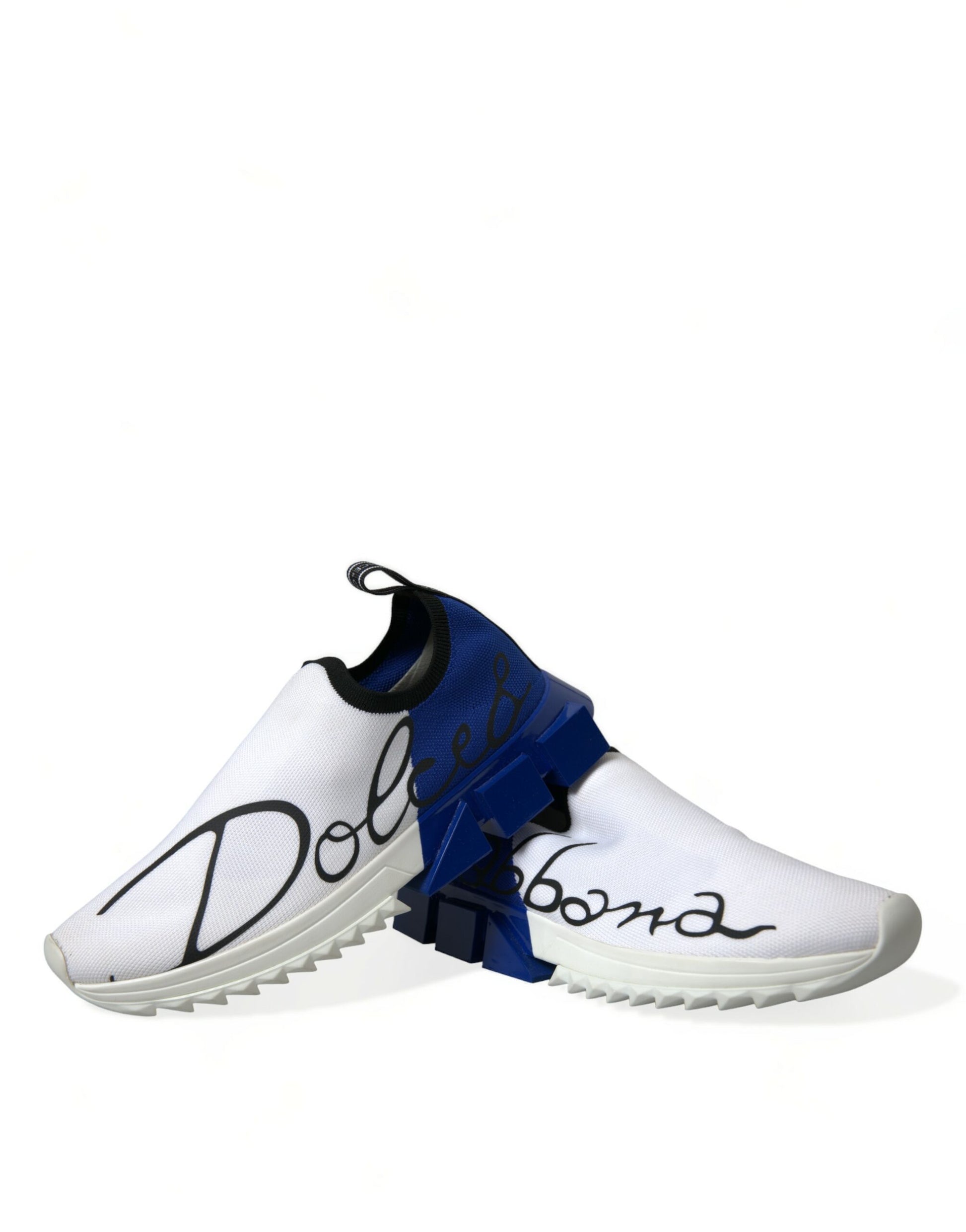 White and blue sneakers with text on side