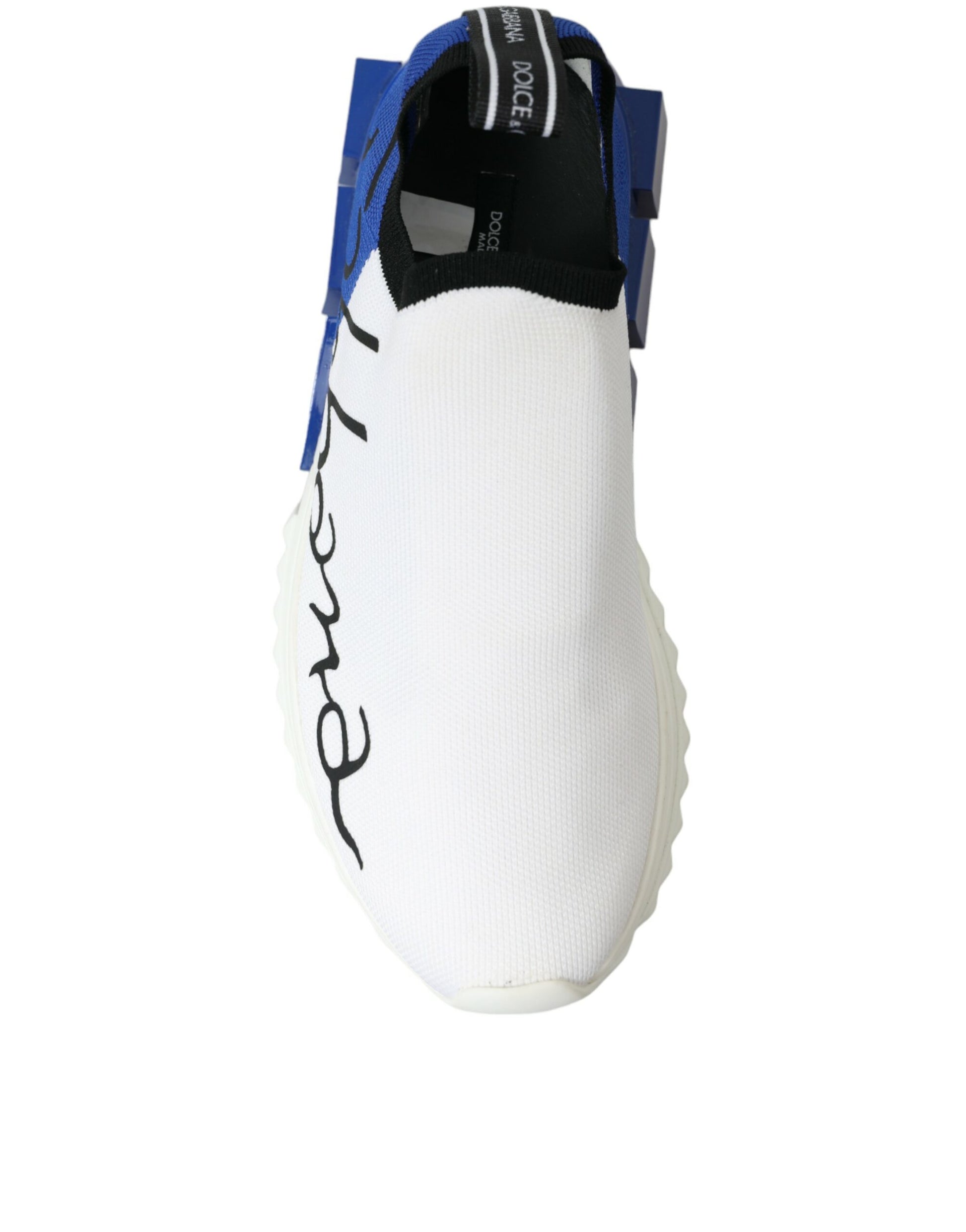 White and blue sneaker with white laces