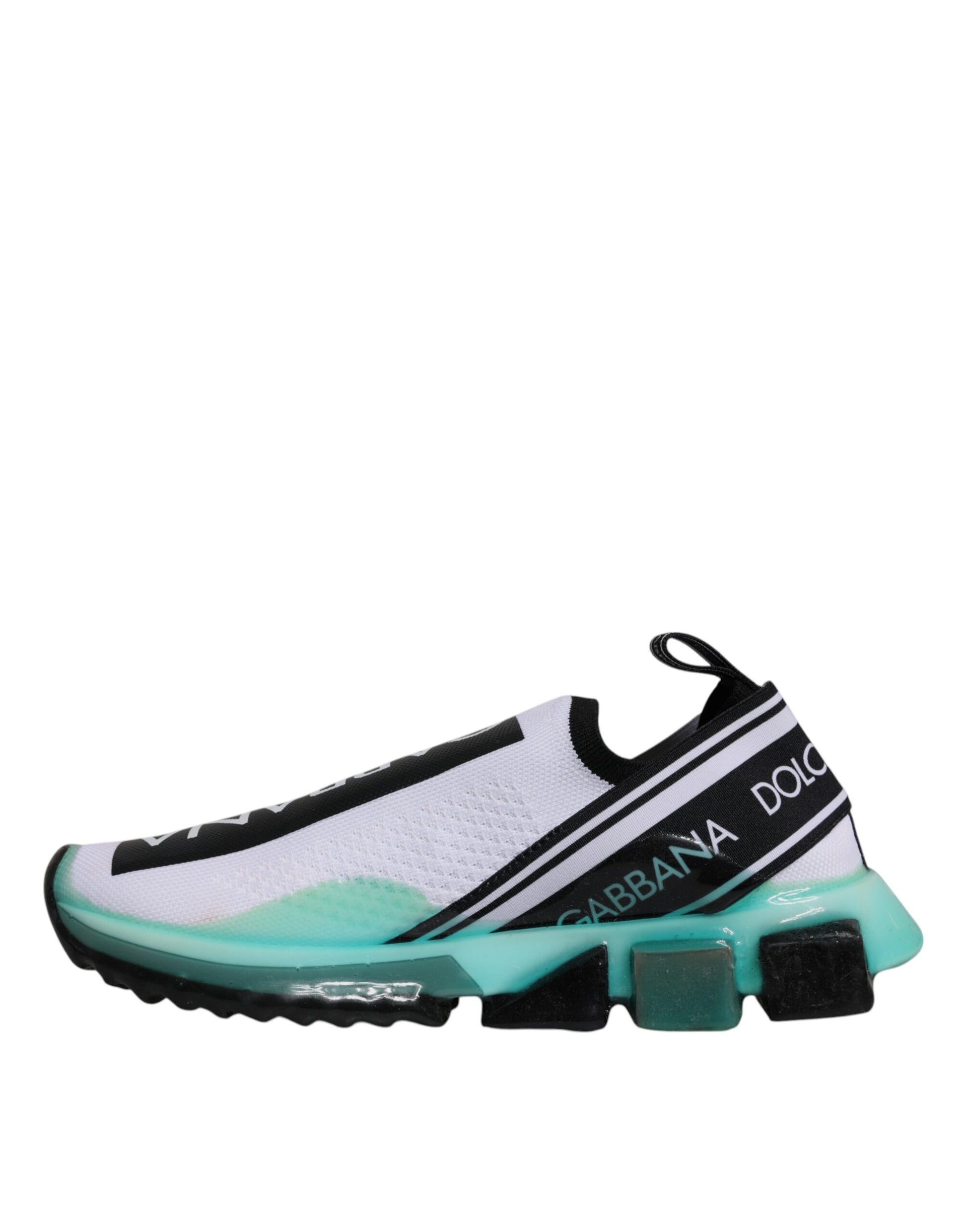 White and black sneaker with blue accents