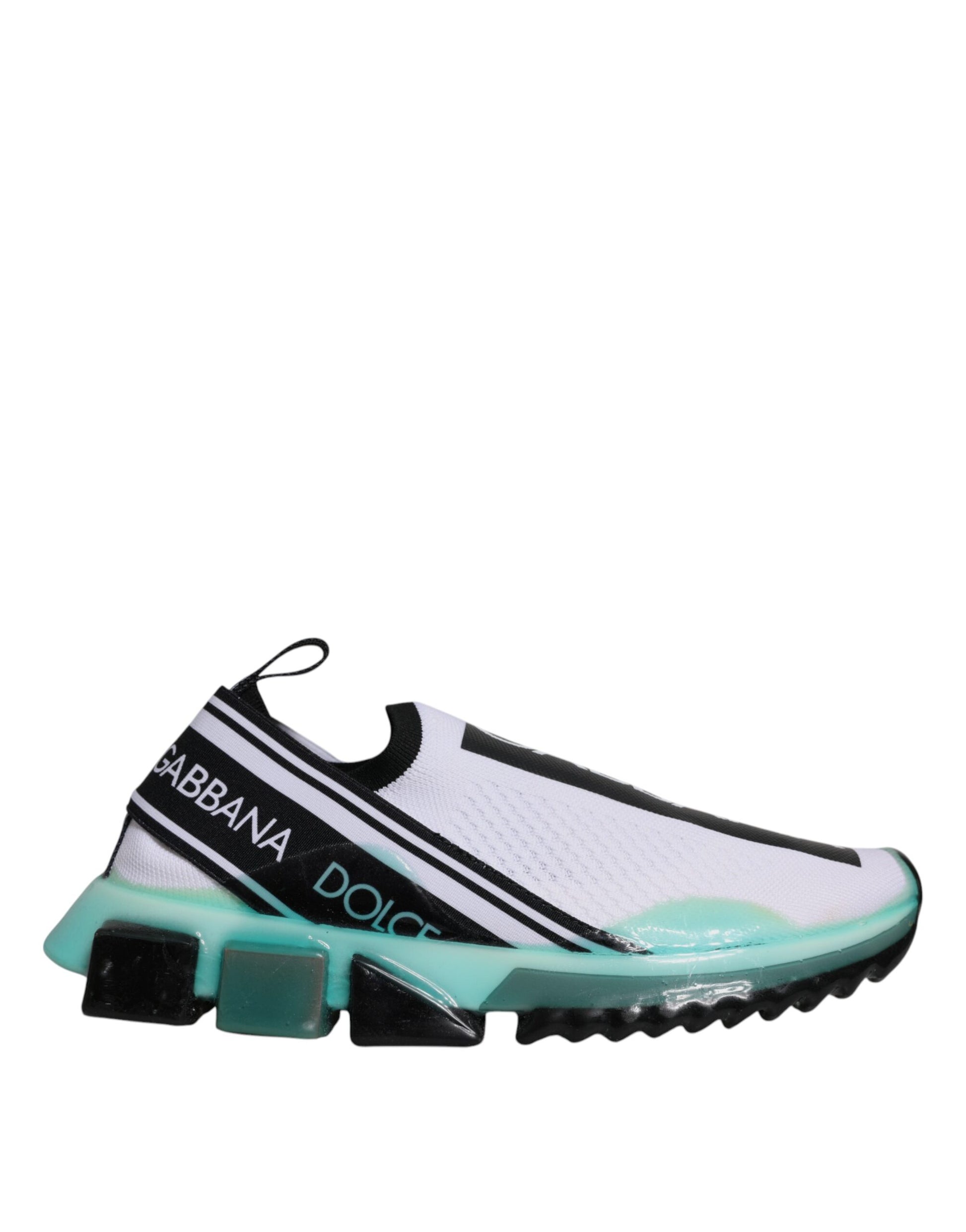 White and black sneaker with teal accents