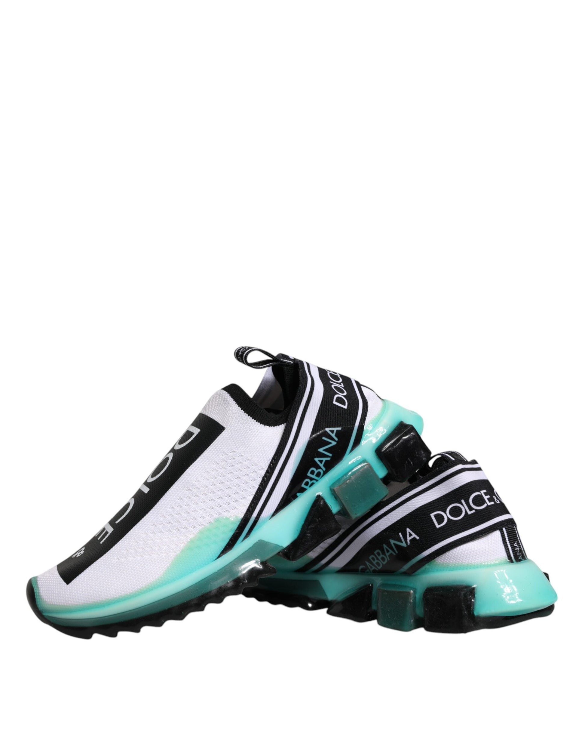 Pair of colorful athletic shoes with white and blue stripes