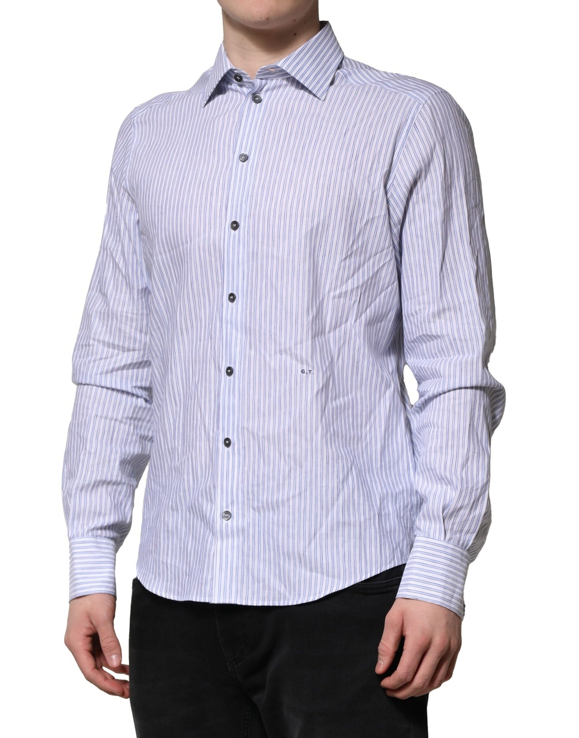 Men's formal shirt with white blue striped pattern, long sleeves, and button-up front